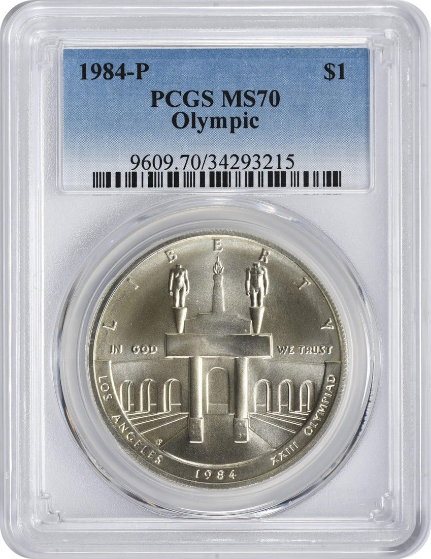 1984-P Olympic Silver Commemorative Dollar MS70 PCGS Uncirculated Coin: 1984-P Olympic Silver Commemorative Dollar MS70 PCGS Uncirculated Coin This 1984-P Olympic Silver Commemorative Dollar is a remarkable piece, graded MS70 by PCGS, indicating its pristine uncirculated 
