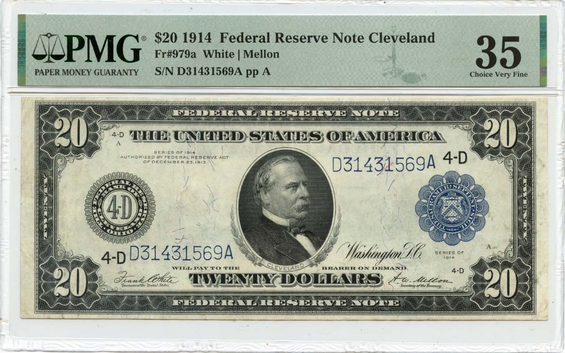 1914 Cleveland $20 Federal Reserve Note FR979a PMG Graded VF35: 1914 Cleveland $20 Federal Reserve Note FR979a PMG Graded VF35 This 1914 $20 Federal Reserve Note from Cleveland is certified by PMG with a grade of VF35 Choice. The note is circulated and originates 