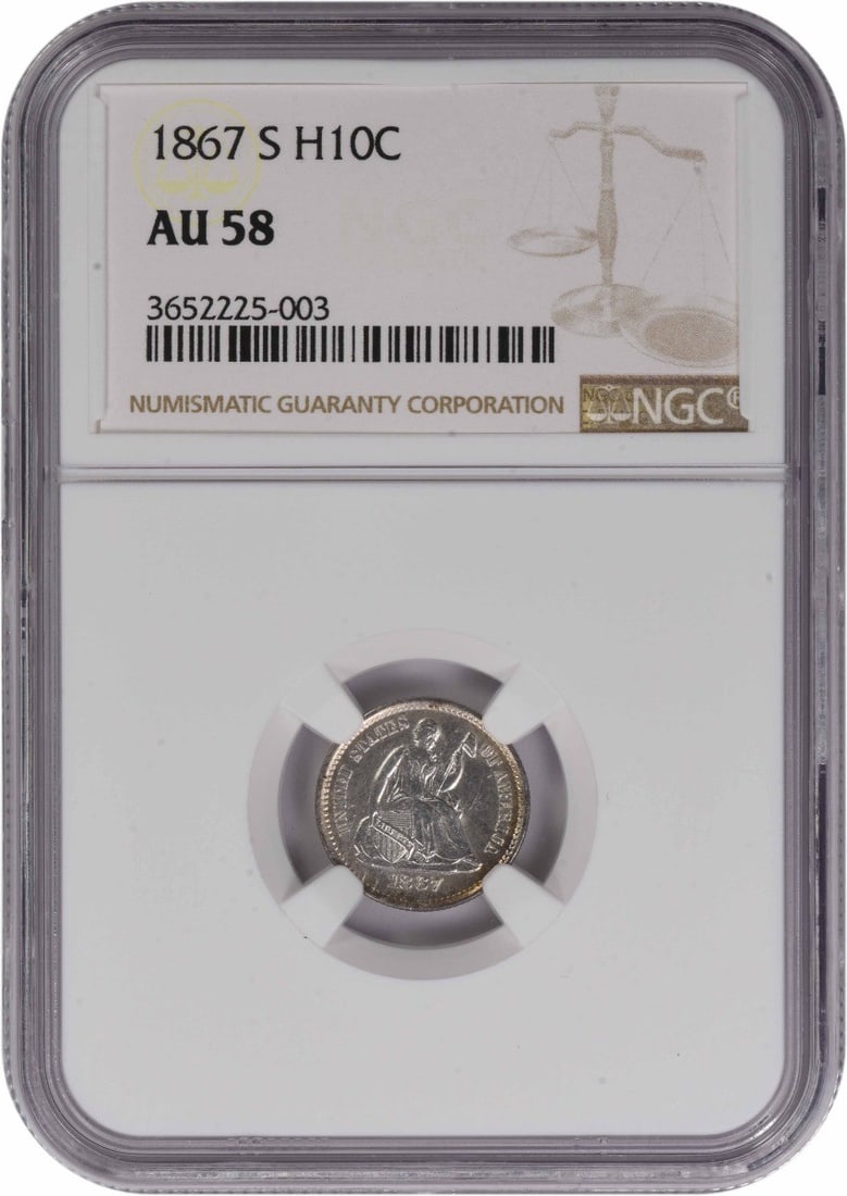 NGC AU58 1867 San Francisco Seated Half Dime 90 Silver US Coin: NGC AU58 1867 San Francisco Seated Half Dime 90 Silver US Coin This 1867-S Liberty Seated Half Dime is graded AU58 by NGC. Struck at the San Francisco Mint, it features the classic design by Christian
