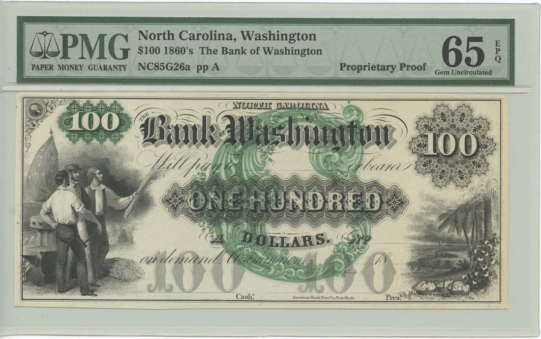 PMG 65 EPQ 1860s North Carolina $100 Bank of Washington Note: PMG 65 EPQ 1860s North Carolina $100 Bank of Washington Note This is an 1860s $100 obsolete note issued by the Bank of Washington in North Carolina. The note is a proof example, certified by PMG and g