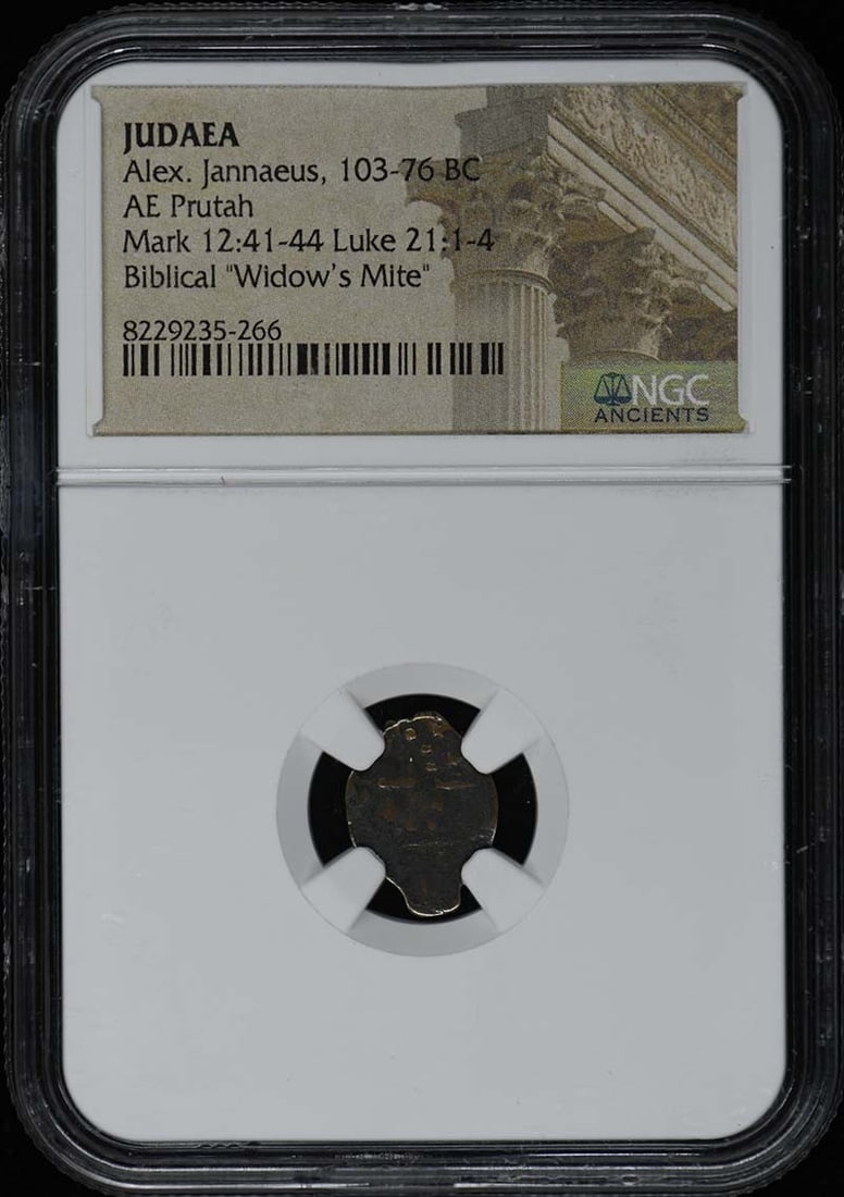 Alex Jannaeus 103-76 BC Judaea AE Prutah Coin NGC Certified: Alex Jannaeus 103-76 BC Judaea AE Prutah Coin NGC Certified This ancient coin is an AE Prutah from the reign of Alex. Jannaeus, dated between 103 and 76 BC, originating from Judea. It has been certifi