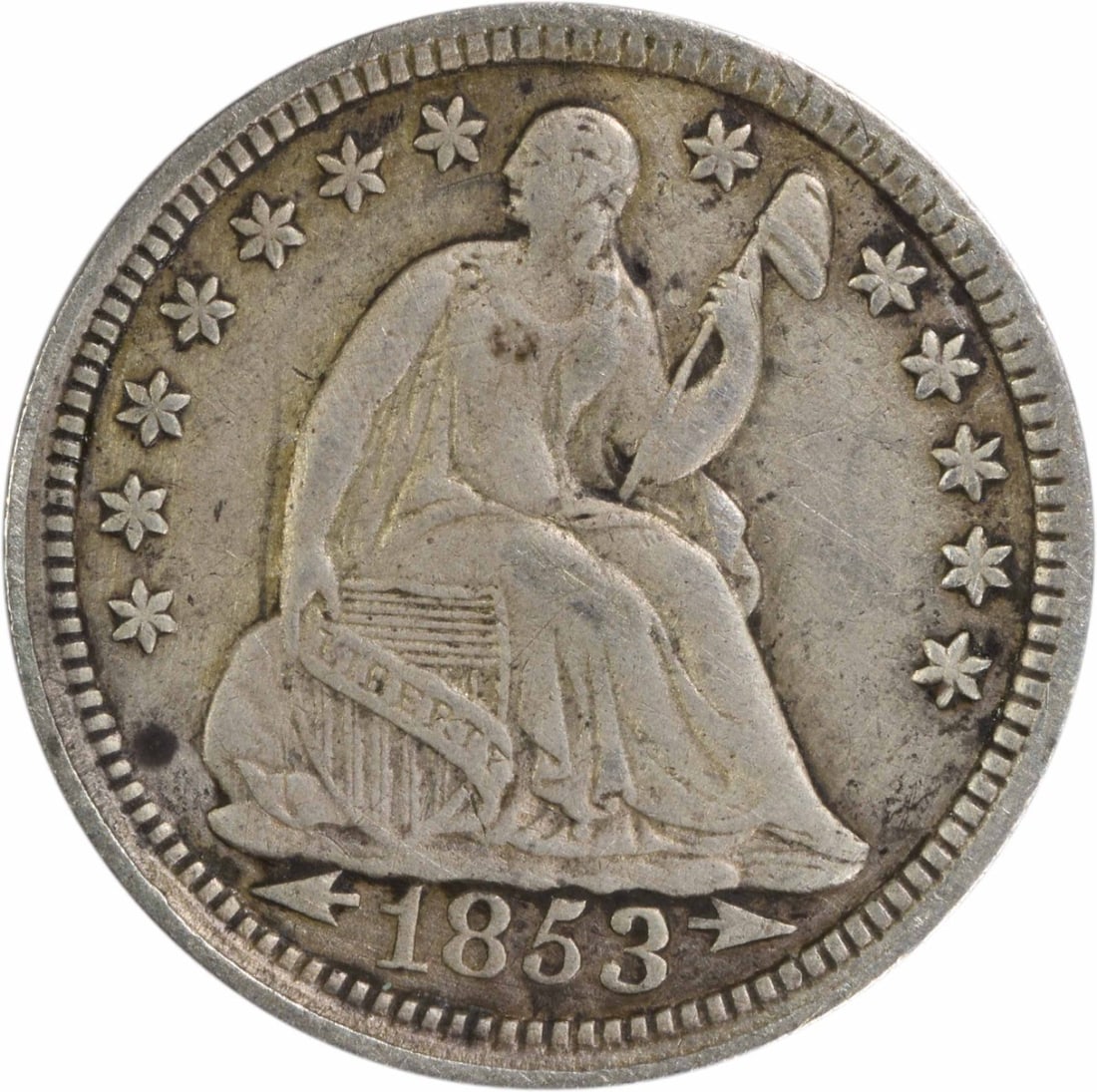 1853 Liberty Seated Half Dime 90% Silver Uncertified Philadelphia: 1853 Liberty Seated Half Dime 90% Silver Uncertified Philadelphia This 1853 Liberty Seated Silver Half Dime features the iconic seated design by Christian Gobrecht, showcasing the craftsmanship of the