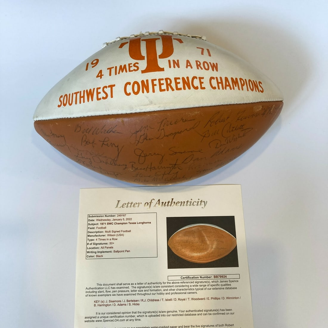 1971 Texas Longhorns Team Signed Football with 50+ Sigs JSA COA: 1971 Texas Longhorns Team Signed Football with 50+ Sigs JSA COA Celebrate the legacy of the 1971 Texas Longhorns with this rare SWC Champions team-signed football, featuring over 50 signatures. This o