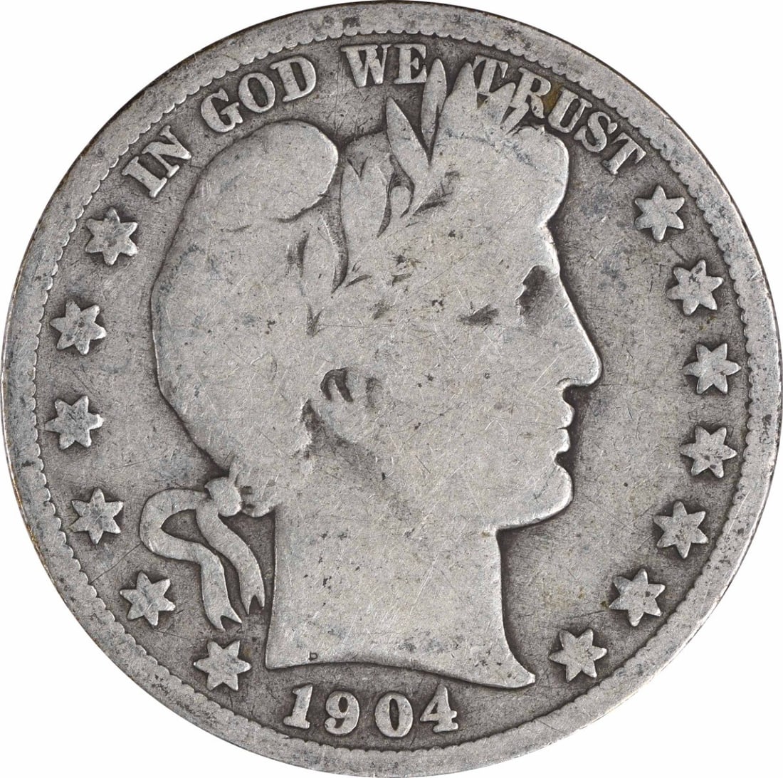 1904-S Barber Silver Half Dollar 50C San Francisco Uncertified Coin: 1904-S Barber Silver Half Dollar 50C San Francisco Uncertified Coin This 1904-S Barber Silver Half Dollar features the classic design by Charles E. Barber. Certified as uncirculated, this coin was min