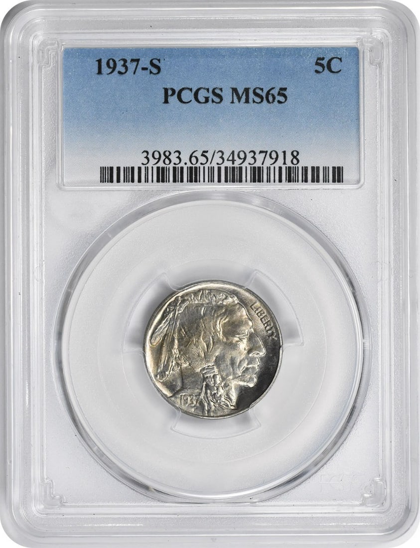 PCGS MS65 1937-S Buffalo 5C Nickel: PCGS MS65 1937-S Buffalo 5C Nickel This is a 1937-S Buffalo Nickel graded MS65 by PCGS. The coin is uncirculated and features the iconic Buffalo design. It is composed of nickel and originates from th