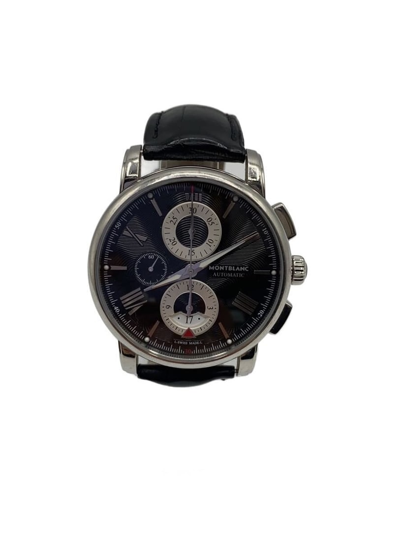 Montblanc Swiss Black Leather Automatic Wristwatch: Montblanc Swiss Black Leather Automatic Wristwatch This Montblanc Automatic 7392/4810 men's wristwatch features a black dial and a leather strap. Crafted in Switzerland, the watch displays slight sign