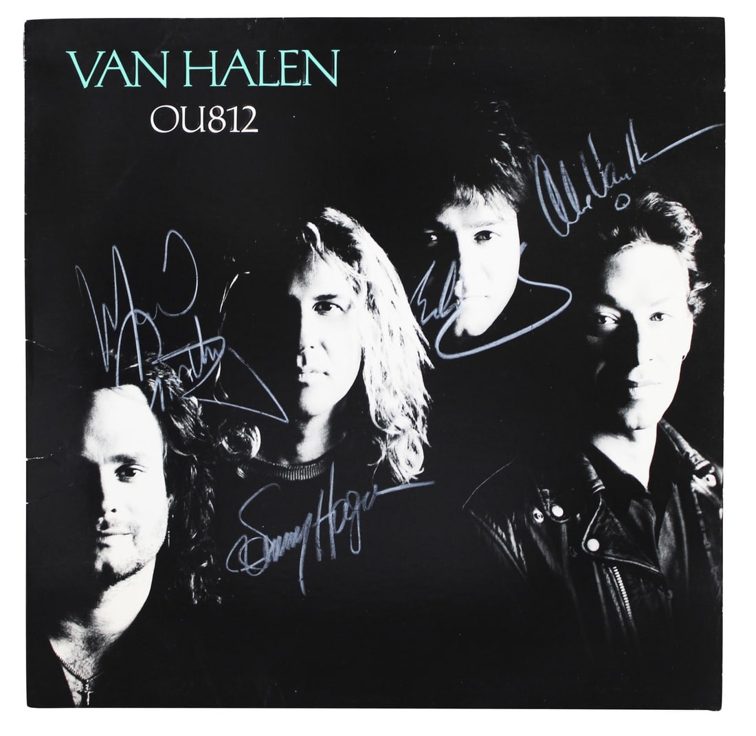 Van Halen Signed OU812 Album Cover by Eddie Alex Michael Sammy BAS AE40004: Van Halen Signed OU812 Album Cover by Eddie Alex Michael Sammy BAS AE40004 This is an original signed album cover of Van Halen's OU812, autographed by all four members: Eddie Van Halen, Alex Van Halen