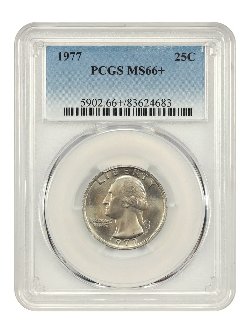 PCGS MS66 Plus 1977 Washington Quarter 25C Uncirculated: PCGS MS66 Plus 1977 Washington Quarter 25C Uncirculated This 1977 Washington Quarter has been certified by PCGS as MS66+ and originates from the Philadelphia Mint. It is an uncirculated coin from the 