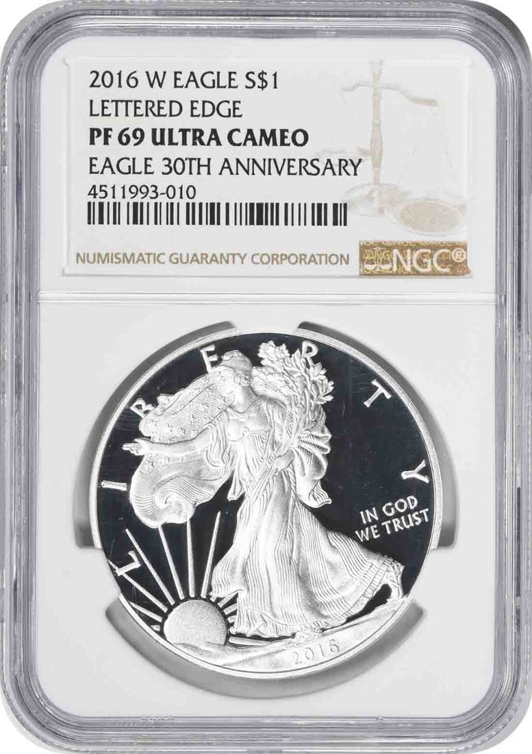 NGC PF69 Ultra Cameo 2016-W Proof Silver American Eagle Dollar Coin: NGC PF69 Ultra Cameo 2016-W Proof Silver American Eagle Dollar Coin This 2016-W American Eagle $1 Proof Silver Coin is certified by NGC with a grade of PF69 Ultra Cameo. Minted at the West Point Mint,