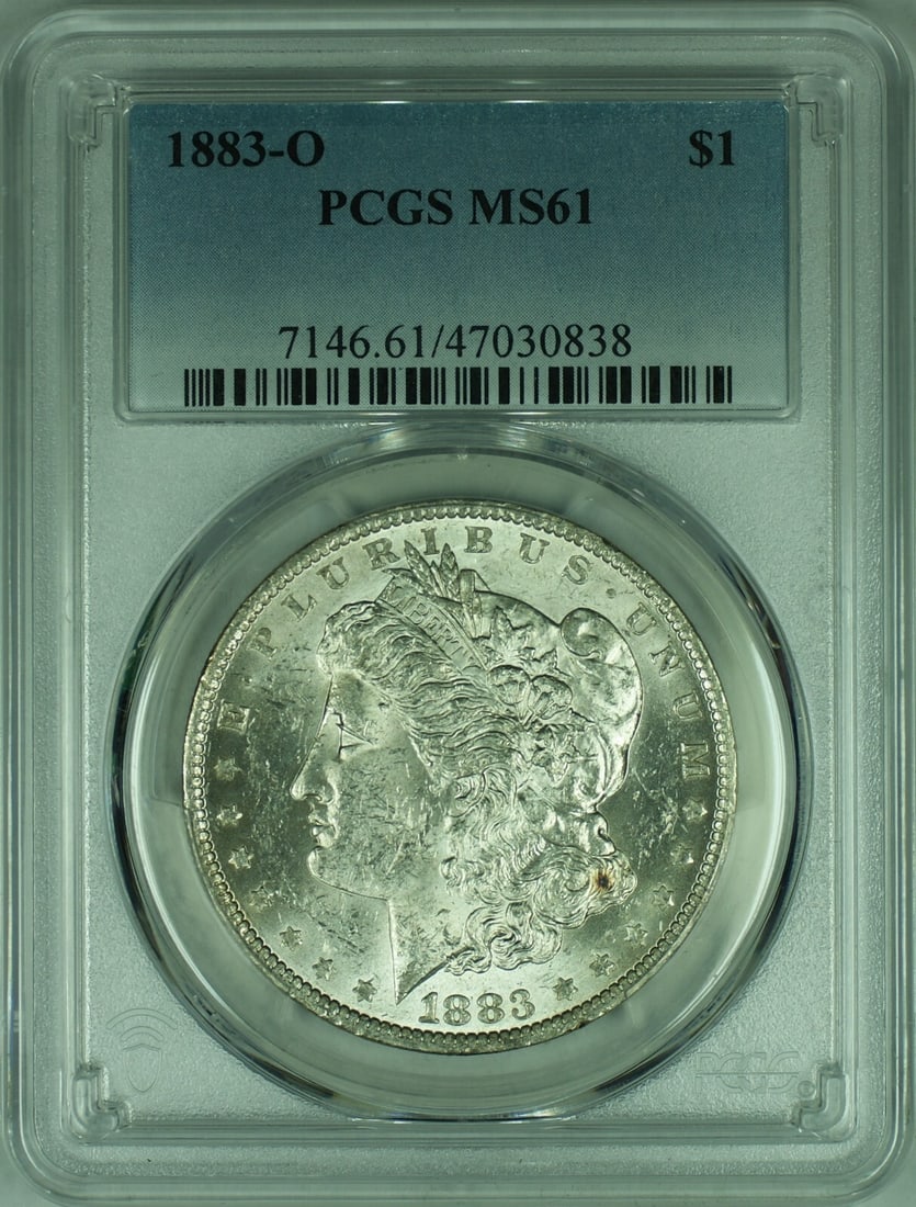 PCGS MS 61 1883 New Orleans Morgan Silver Dollar: PCGS MS 61 1883 New Orleans Morgan Silver Dollar This is an 1883-O Morgan Silver Dollar coin graded MS-61 by PCGS. Struck at the New Orleans Mint, this uncirculated coin is composed of 90% silver and 