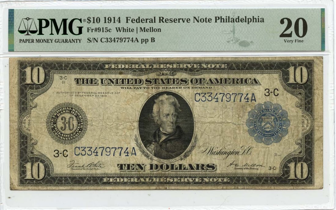1914 $10 Federal Reserve Note Fr# 915c PMG VF20 Philadelphia: 1914 $10 Federal Reserve Note Fr# 915c PMG VF20 Philadelphia This 1914 $10 Federal Reserve Note from Philadelphia (Fr# 915c) is an excellent collectible for currency enthusiasts. Certified by PMG with