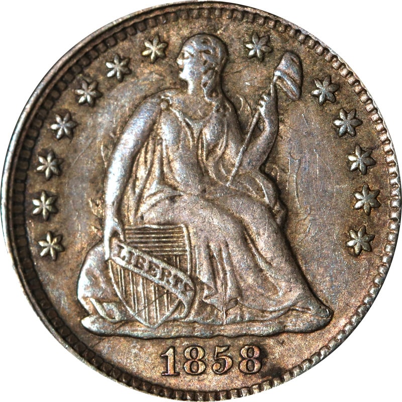 1858 P Silver Half Dime Seated Liberty: 1858 P Silver Half Dime Seated Liberty This is an 1858-P Seated Liberty Half Dime from the United States. The coin is composed of silver with a fineness of 0.9 and has been circulated. It is uncertifi