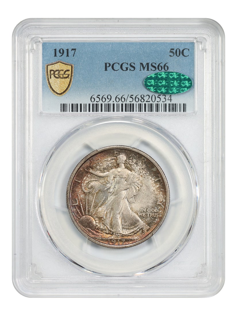 1917 Walking Liberty 50C PCGS CAC MS66 Half Dollar: 1917 Walking Liberty 50C PCGS CAC MS66 Half Dollar This 1917 Walking Liberty Half Dollar is graded MS66 by PCGS and features CAC approval, indicating its exceptional quality. Struck in Philadelphia, t