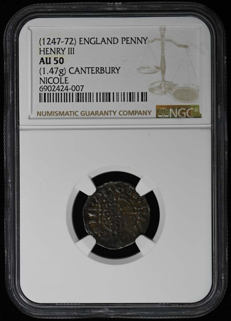 NGC AU50 English Silver Penny of Henry III 1247-1272: NGC AU50 English Silver Penny of Henry III 1247-1272 This is a circulated Henry III England silver penny, certified by NGC with a grade of AU50. The coin originates from the United Kingdom and is pre-