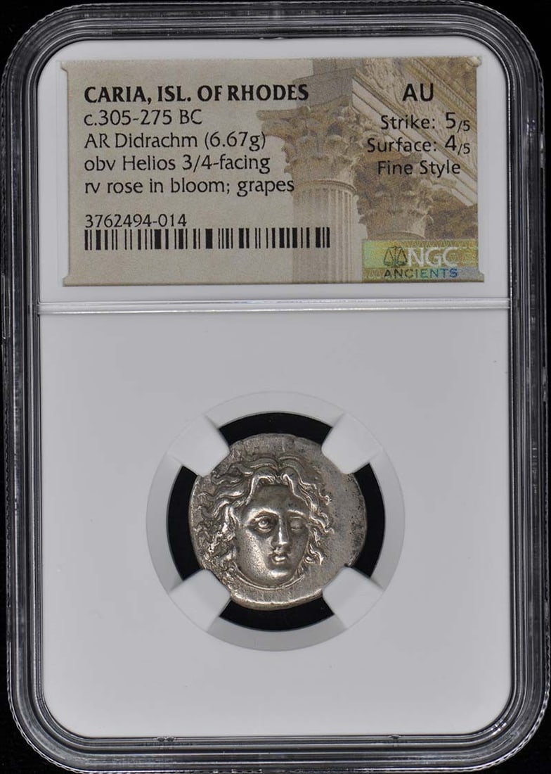 Rhodes Silver Didrachm NGC AU50 Ancient Greek Coin: Rhodes Silver Didrachm NGC AU50 Ancient Greek Coin This ancient Greek silver didrachm originates from Caria, Isle of Rhodes, and dates to the late 4th to early 3rd century BC. Graded AU50 Fine Style b