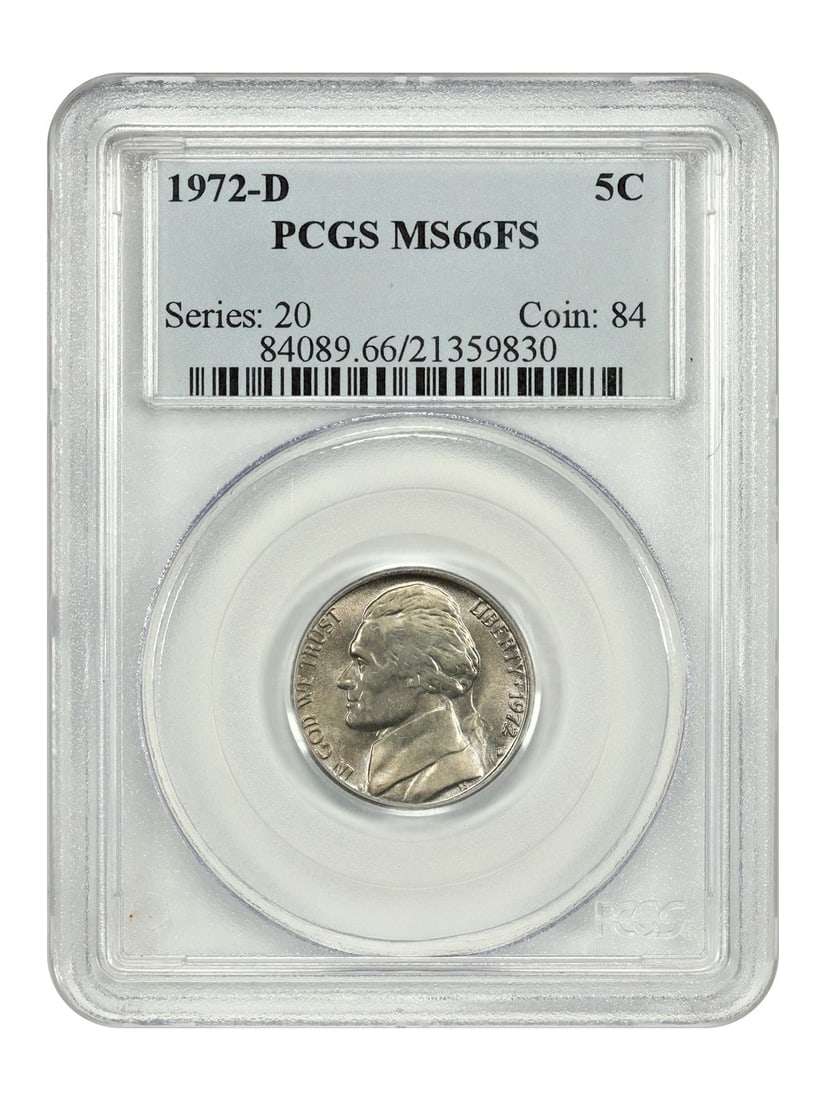 PCGS MS66FS 1972 Denver Five Cent Jefferson Nickel: PCGS MS66FS 1972 Denver Five Cent Jefferson Nickel This is a 1972-D Jefferson Nickel graded MS66FS by PCGS. The coin is uncirculated and features the Full Steps designation, indicating sharp details o