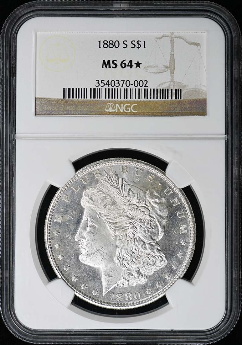 NGC MS64 Star 1880-S San Francisco Morgan Dollar: NGC MS64 Star 1880-S San Francisco Morgan Dollar This 1880 Morgan Dollar was minted in San Francisco and is graded MS64* Star by NGC. The coin is uncirculated and features the classic Morgan Dollar de