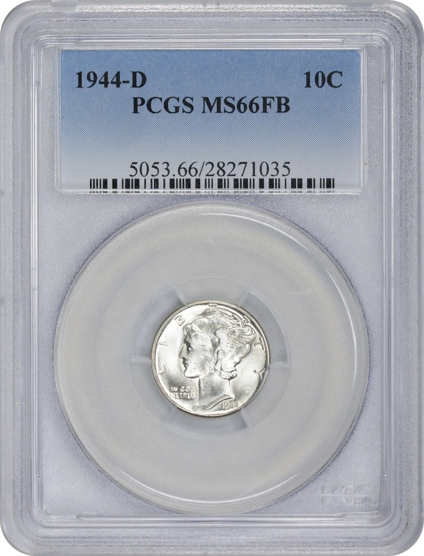 1944-D Mercury Dime MS66FB PCGS Uncirculated Silver Coin: 1944-D Mercury Dime MS66FB PCGS Uncirculated Silver Coin This 1944-D Mercury Silver Dime is a stunning piece, graded MS66FB by PCGS, ensuring its uncirculated condition. Struck in Denver, this coin bo