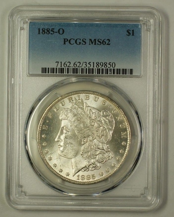 PCGS MS62 1885-O Morgan Dollar Silver Coin New Orleans Mint: PCGS MS62 1885-O Morgan Dollar Silver Coin New Orleans Mint This 1885-O Morgan Silver Dollar is an uncirculated coin graded MS 62 by PCGS. Minted in New Orleans, it features the classic Morgan Dollar 