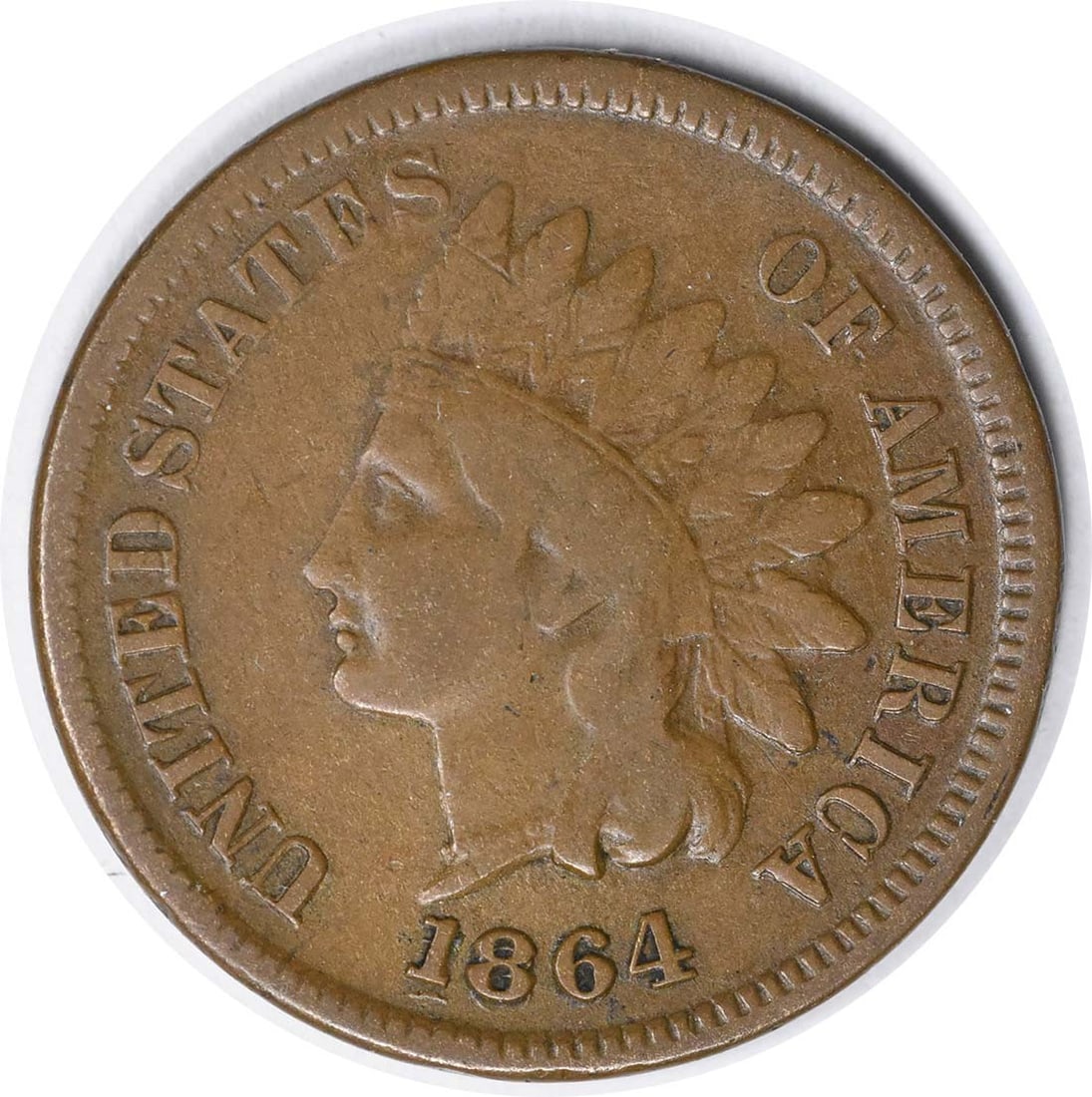 1864 Indian Head Small Cent Copper F Uncertified: 1864 Indian Head Small Cent Copper F Uncertified This 1864 Indian Head Cent features the "L on Ribbon" variety and is composed of copper. The coin is circulated and graded as Fine (F). It is an uncert