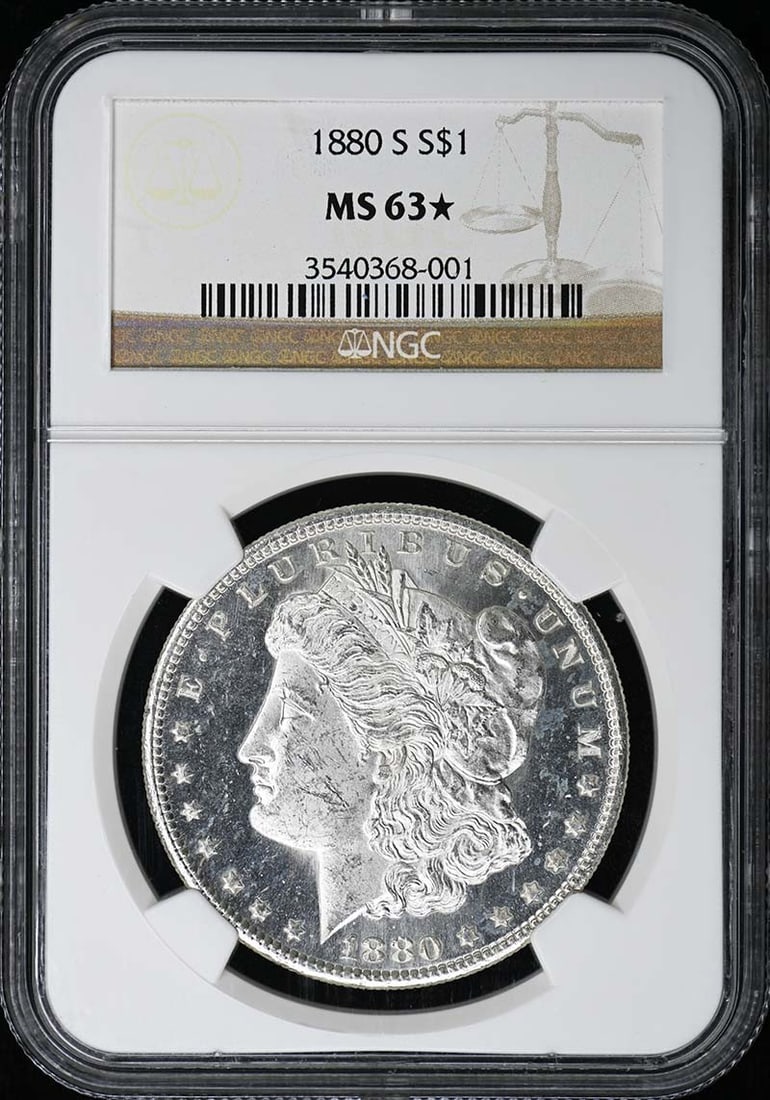 NGC MS63 Star 1880-S San Francisco Morgan Dollar: NGC MS63 Star 1880-S San Francisco Morgan Dollar This is an 1880 Morgan Dollar from the San Francisco Mint, graded MS63* (Star) by NGC. The coin is uncirculated and features the classic Morgan Dollar 
