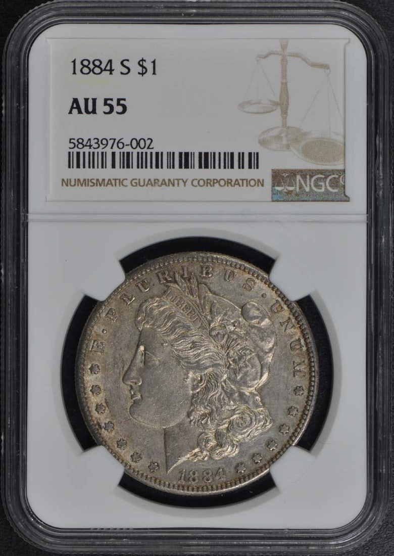 1884-S NGC AU55 Morgan Dollar San Francisco Coin: 1884-S NGC AU55 Morgan Dollar San Francisco Coin This 1884-S Morgan Dollar is certified by NGC with a grade of AU55, indicating it is in circulated condition. Minted in San Francisco, this historic co