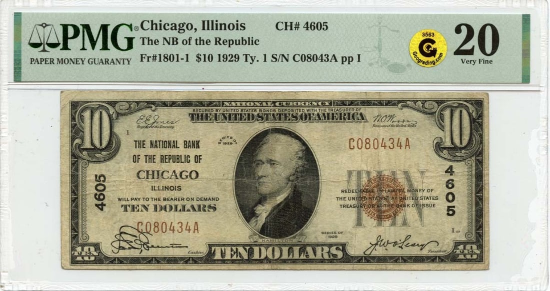 1929 $10 National Bank Note Republic IL CH#4605 PMG VF20: 1929 $10 National Bank Note Republic IL CH#4605 PMG VF20 This 1929 $10 National Bank Note from the Republic of Illinois is certified by PMG with a grade of VF20. It features a denomination of 1801-1 a