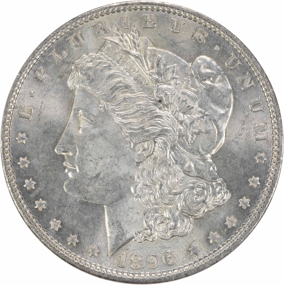 1896 Morgan dollar silver BU uncertified: 1896 Morgan dollar silver BU uncertified This 1896 Morgan Silver Dollar is an uncirculated coin composed of silver. It is in Brilliant Uncirculated (BU) condition and has not been certified. The coin 