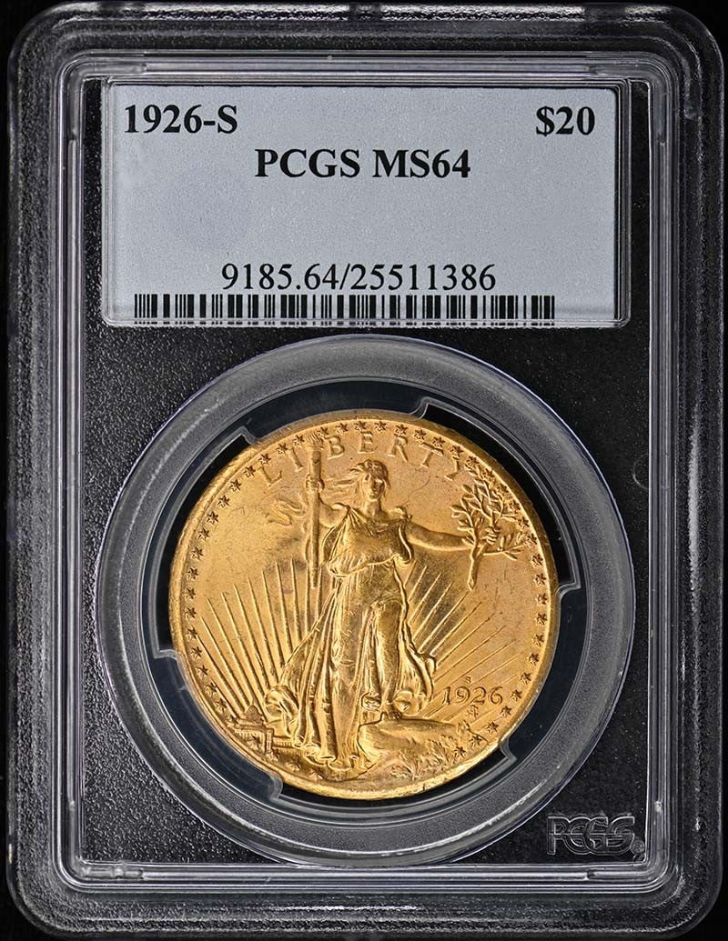 PCGS MS64 1926-S Saint Gaudens Double Eagle: PCGS MS64 1926-S Saint Gaudens Double Eagle This 1926 $20 Saint Gaudens gold coin has been graded MS64 by PCGS and is in uncirculated, pre-owned condition. It was minted in San Francisco and features 