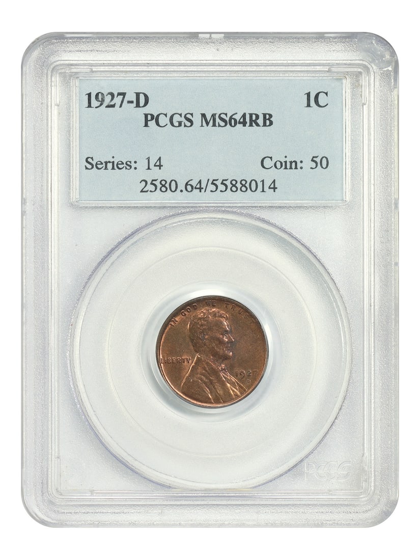 1927-D Lincoln Wheat Cent PCGS MS64RB Red Brown Uncirculated: 1927-D Lincoln Wheat Cent PCGS MS64RB Red Brown Uncirculated This 1927-D Lincoln Cent (Wheat Reverse) is certified by PCGS with a grade of MS64RB, denoting its Mint State quality and attractive red-br