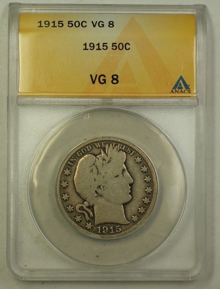 ANACS VG 8 1915 Barber Half Dollar Silver 50C: ANACS VG 8 1915 Barber Half Dollar Silver 50C This is a 1915 US Barber Silver Half Dollar with a denomination of 50 cents. The coin has been graded VG-8 by ANACS and was minted in Philadelphia. It is 