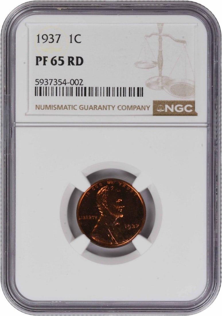 1937 Proof Lincoln Wheat Cent PR65RD Certified by NGC: 1937 Proof Lincoln Wheat Cent PR65RD Certified by NGC This 1937 Lincoln Wheat Cent is a proof strike graded PR65RD by NGC. Composed of 95% copper with 5% tin and zinc, the coin was minted in Philadelp