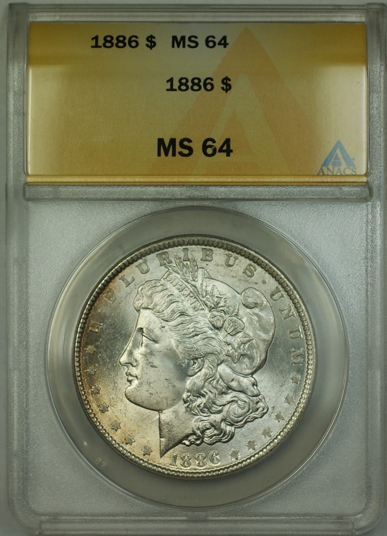 1886 Morgan Dollar Silver $1 ANACS MS 64 Philadelphia Toned Uncirculated Coin: 1886 Morgan Dollar Silver $1 ANACS MS 64 Philadelphia Toned Uncirculated Coin This is an 1886 Morgan Silver Dollar $1 coin graded MS-64 by ANACS. Struck at the Philadelphia Mint, this uncirculated coi