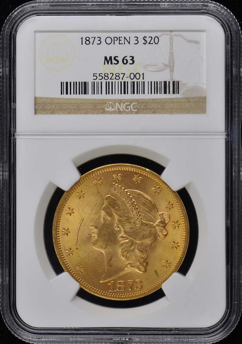 1873 Liberty Double Eagle $20 NGC MS63 Uncirculated Coin: 1873 Liberty Double Eagle $20 NGC MS63 Uncirculated Coin This stunning 1873 Liberty Double Eagle is a $20 gold coin, certified by NGC with a prestigious MS63 grade, indicating its uncirculated conditi