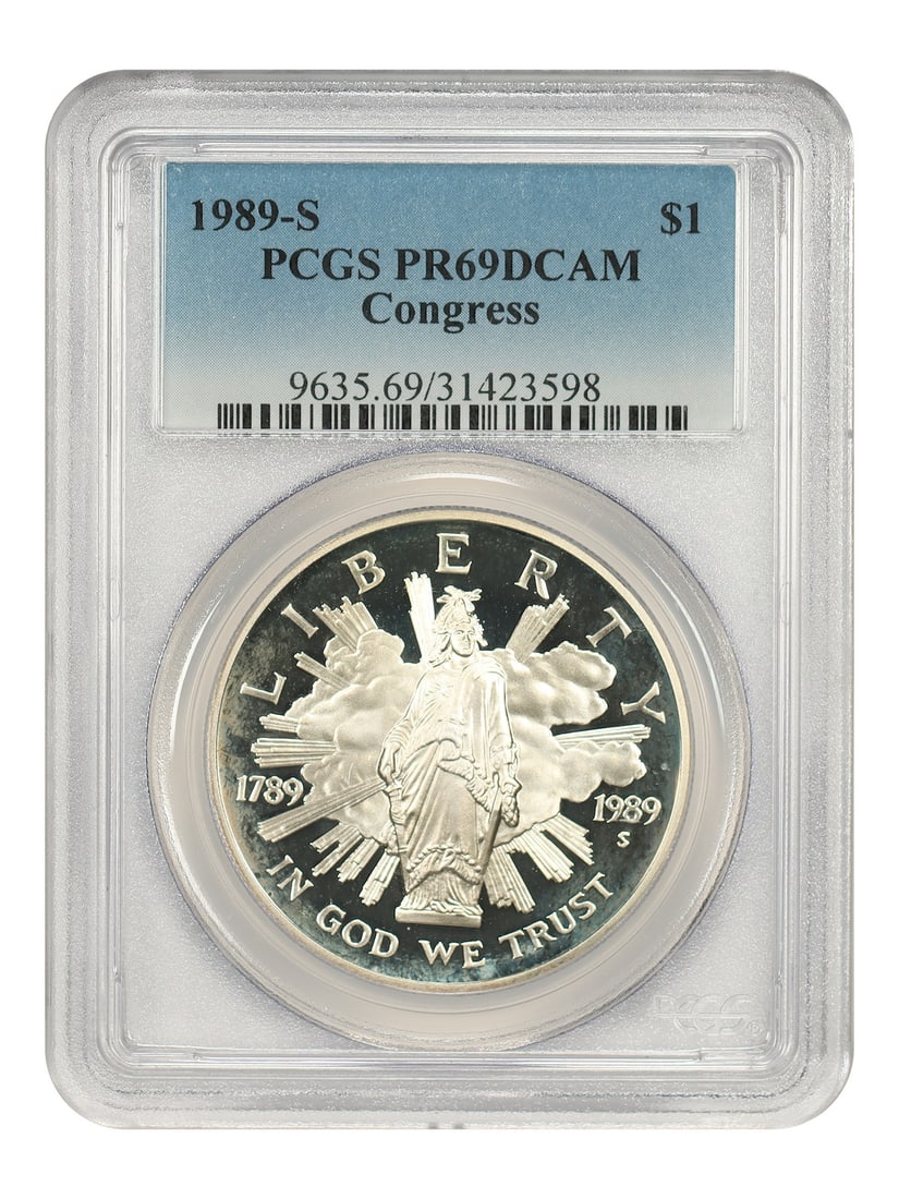1989 San Francisco Silver Dollar PCGS PR69DCAM Congress: 1989 San Francisco Silver Dollar PCGS PR69DCAM Congress This is a 1989-S $1 Congress commemorative coin, certified by PCGS with a PR69DCAM grade. Struck in San Francisco, this modern commemorative dol