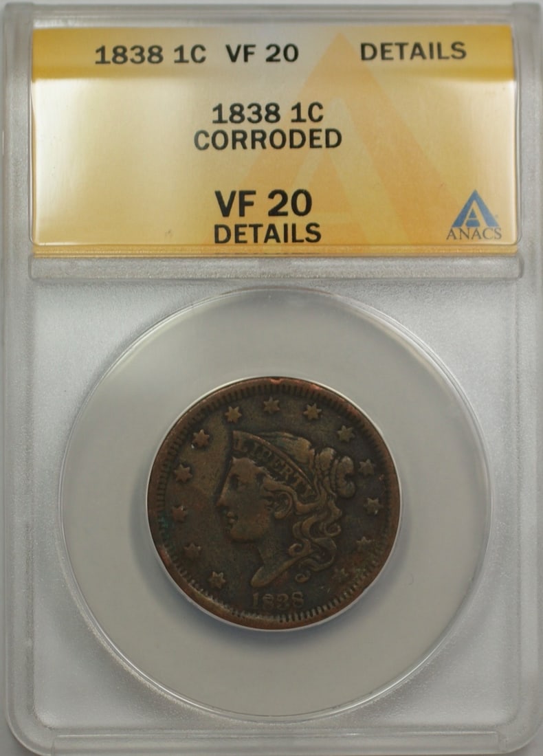 ANACS Graded 1838 United States Large Cent VF 20 Copper Coin: ANACS Graded 1838 United States Large Cent VF 20 Copper Coin This 1838 Large Cent 1C coin from the United States is certified by ANACS with a grade of VF 20 and details indicating corrosion. The coin 