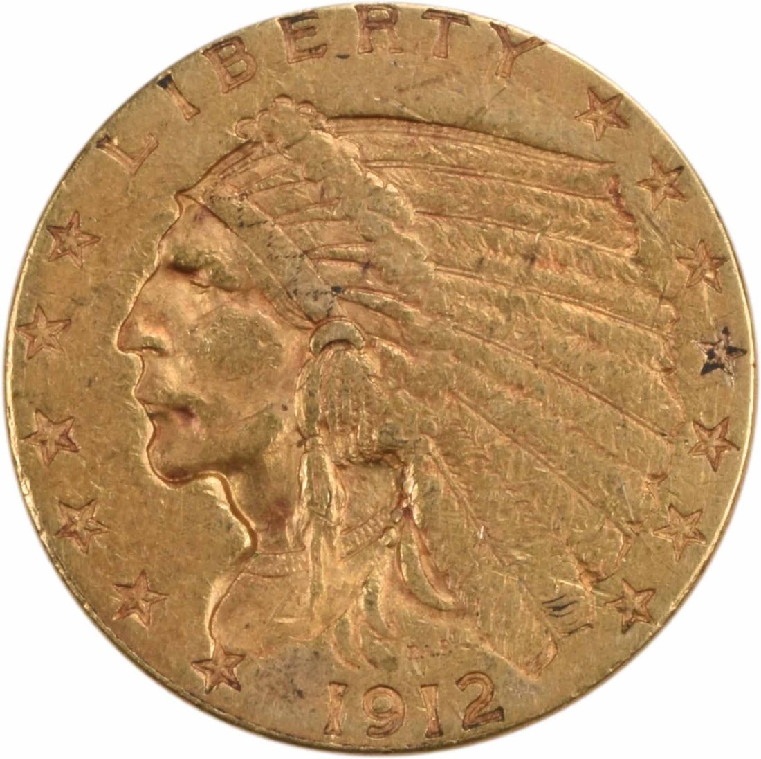 1912 $2.50 Gold Indian Coin AU by Bela Lyon Pratt: 1912 $2.50 Gold Indian Coin AU by Bela Lyon Pratt This 1912 $2.50 Gold Indian coin features a stunning design by Bela Lyon Pratt, showcasing the historical artistry of American minting. The coin is cl