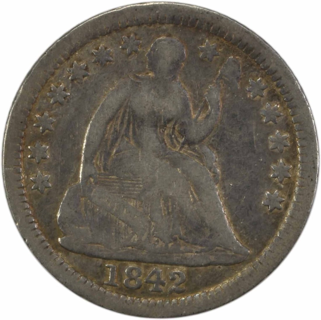 1842-O Liberty Seated Silver Half Dime VF Uncertified 90% Silver: 1842-O Liberty Seated Silver Half Dime VF Uncertified 90% Silver This 1842-O Liberty Seated Silver Half Dime showcases a classic design by Christian Gobrecht. Struck in New Orleans, this coin has a de