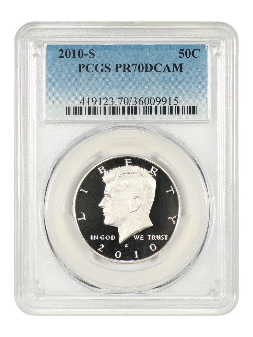 2010-S Kennedy Half Dollar PCGS PR70DCAM Uncirculated: 2010-S Kennedy Half Dollar PCGS PR70DCAM Uncirculated This 2010-S Kennedy Half Dollar is certified by PCGS with a perfect PR70DCAM grade, ensuring its exceptional quality and clarity. Minted in San Fr