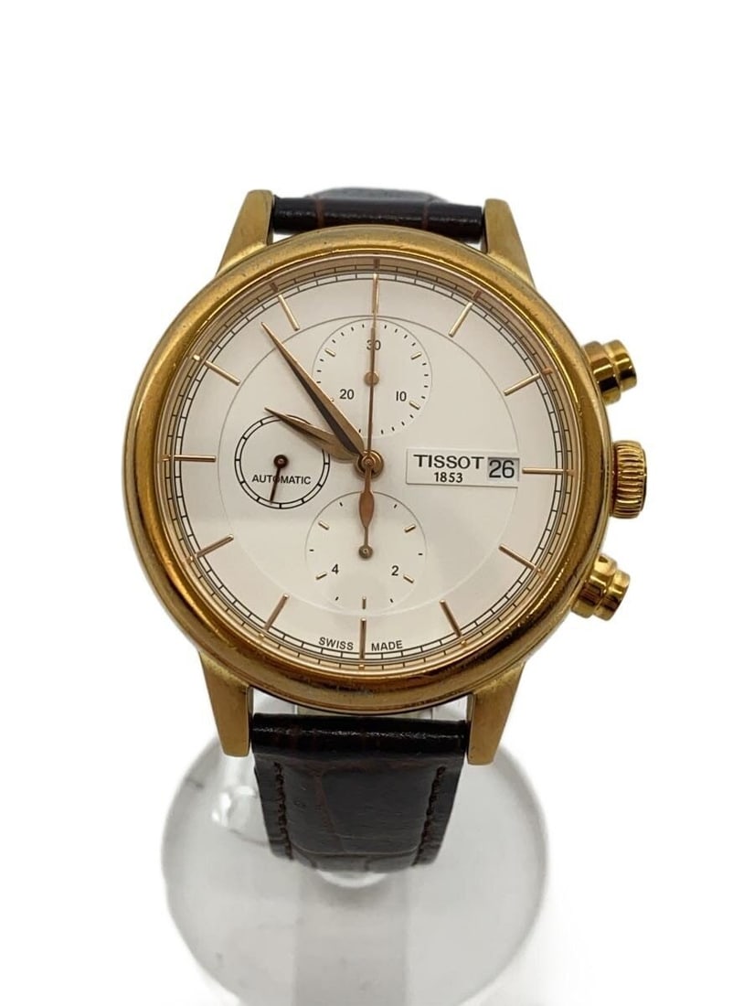 Tissot Carson T085427A Chronograph Leather Strap Wristwatch: Tissot Carson T085427A Chronograph Leather Strap Wristwatch This TISSOT Carson Chronograph T085427A men's wristwatch features a white dial, leather band, and a chronograph function. The watch is Swiss