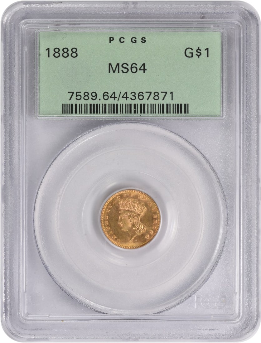 1888 $1 Gold Type 3 MS64 PCGS Coin Philadelphia Mint: 1888 $1 Gold Type 3 MS64 PCGS Coin Philadelphia Mint This 1888 $1 Gold Type 3 coin features a stunning MS64 grade certified by PCGS, indicating it has been preserved in uncirculated condition. Minted 