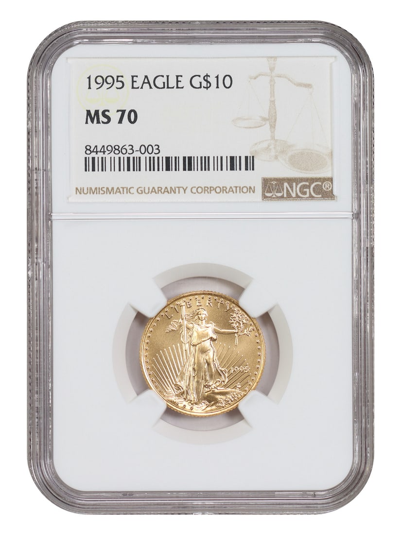 1995 Philadelphia $10 American Gold Eagle NGC MS70: 1995 Philadelphia $10 American Gold Eagle NGC MS70 This is a 1995 $10 Gold Eagle coin, certified by NGC with a grade of MS70. The coin was minted in Philadelphia and is part of the Gold Eagles series.