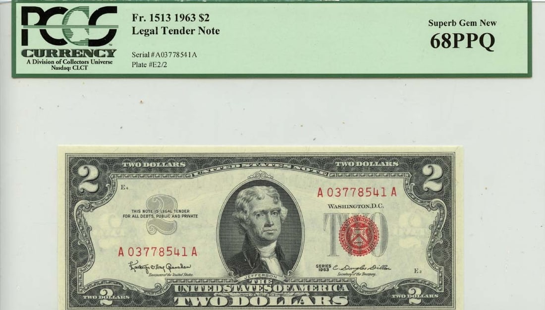 Superb Gem68 PPQ 1963 $2 FR1513 Legal Tender PCGS Currency Note: Superb Gem68 PPQ 1963 $2 FR1513 Legal Tender PCGS Currency Note This is a 1963 $2 Legal Tender Note, type FR#1513, certified by PCGS Currency with a grade of MS68. The note is uncirculated and has bee