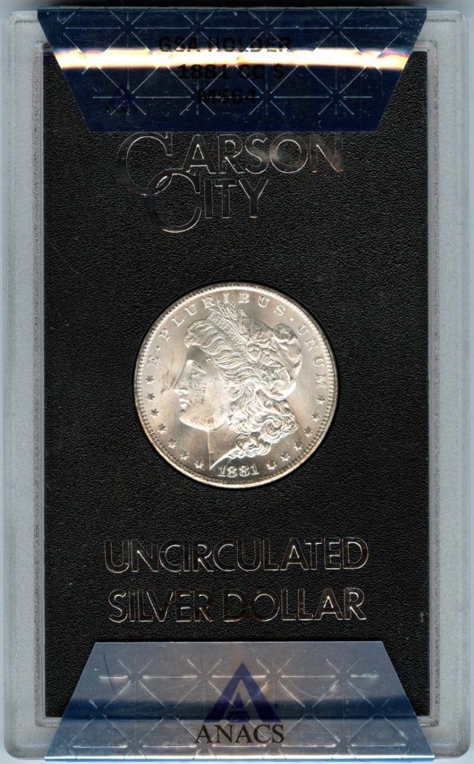 1881 Carson City Morgan Silver Dollar GSA Hoard ANACS MS64: 1881 Carson City Morgan Silver Dollar GSA Hoard ANACS MS64 This is an 1881-CC Morgan Dollar from the GSA Hoard, certified by ANACS with a grade of MS64. The coin is uncirculated and was minted in Cars