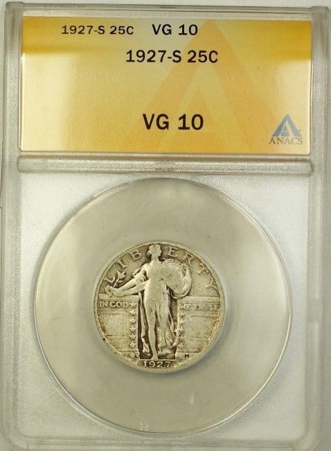 San Francisco Mint 1927 Standing Liberty 25 Cent Silver Coin ANACS VG-10: San Francisco Mint 1927 Standing Liberty 25 Cent Silver Coin ANACS VG-10 This 1927-S Standing Liberty Quarter is a silver coin minted in San Francisco. Certified by ANACS with a grade of VG-10, it fea