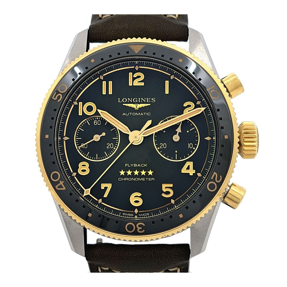 Longines Spirit Flyback Green Dial Automatic Chronograph L3.821.5.53.2: Longines Spirit Flyback Green Dial Automatic Chronograph L3.821.5.53.2 This Longines Spirit Flyback Chronograph L3.821.5.53.2 is a men's wristwatch featuring a stainless steel and yellow gold case pai