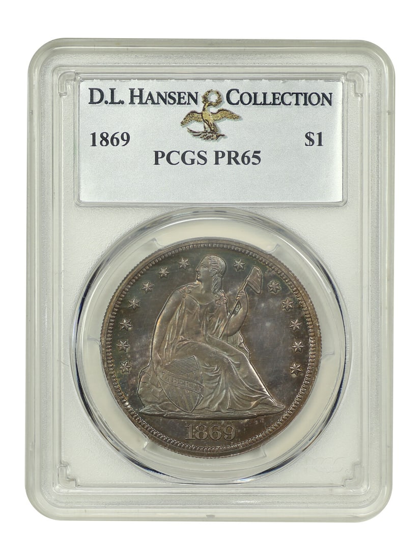 1869 $1 Liberty Seated Dollar PCGS PR65 Low Mintage 600: 1869 $1 Liberty Seated Dollar PCGS PR65 Low Mintage 600 This stunning 1869 $1 Liberty Seated Dollar is graded PR65 by PCGS, showcasing exceptional quality and eye appeal. With a low mintage of only 60