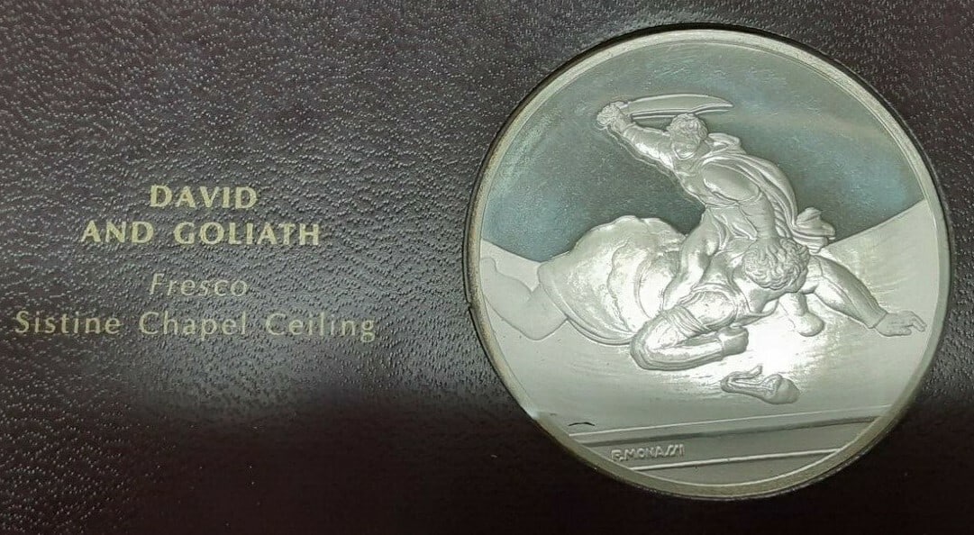 Sterling Silver David and Goliath Medal Genius of Michelangelo Franklin Mint: Sterling Silver David and Goliath Medal Genius of Michelangelo Franklin Mint This Franklin Mint Genius of Michelangelo proof medal, issued in 1970, commemorates Michelangelo's frescoes from the Sistin