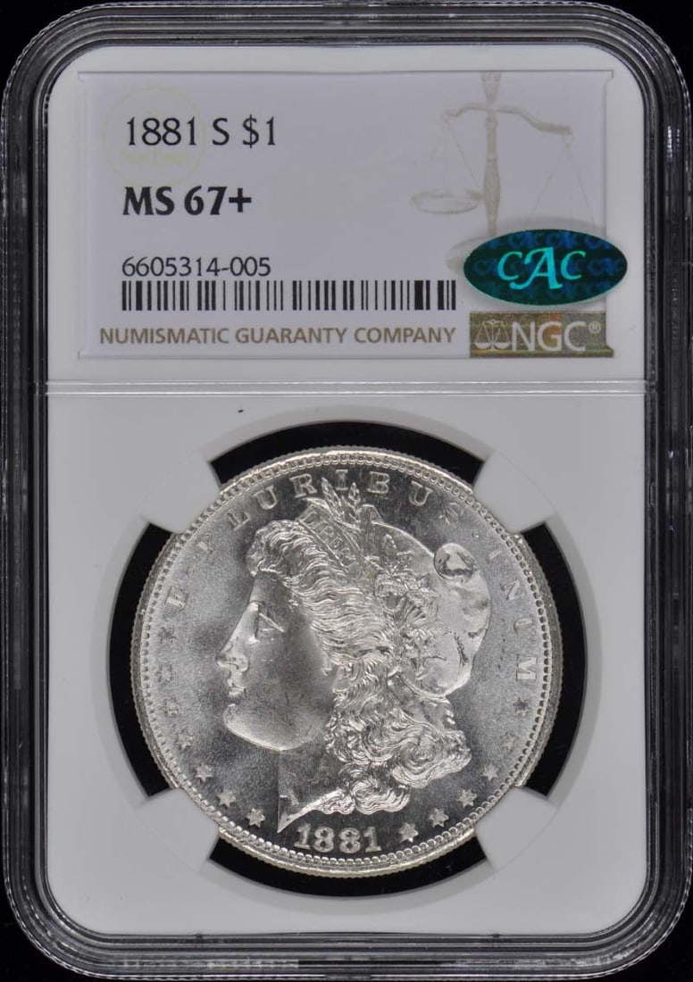 1881-S Morgan Dollar NGC MS67+ CAC Uncirculated Coin: 1881-S Morgan Dollar NGC MS67+ CAC Uncirculated Coin This stunning 1881-S Morgan Dollar is graded MS67+ by NGC, a testament to its exceptional quality. Struck at the San Francisco mint, this uncircula