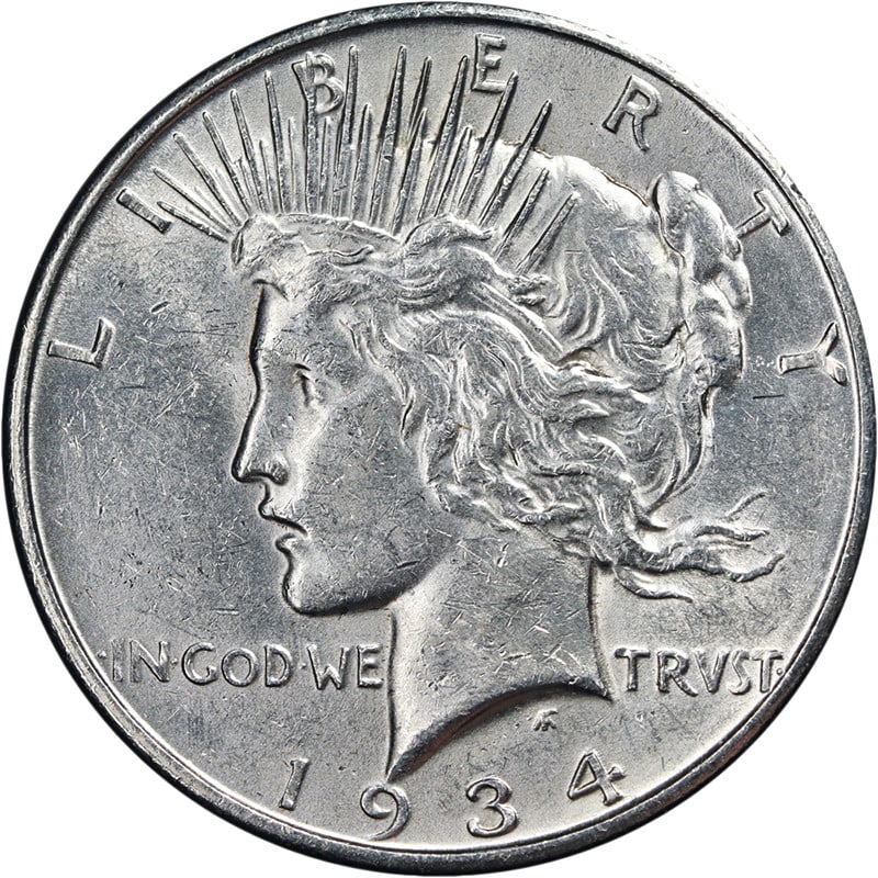 Silver 1934-D Peace Dollar United States AU to BU Grade: Silver 1934-D Peace Dollar United States AU to BU Grade This 1934-D Peace Dollar features bright white color, attractive luster, and a well-defined strike. The coin is composed of silver with a finene